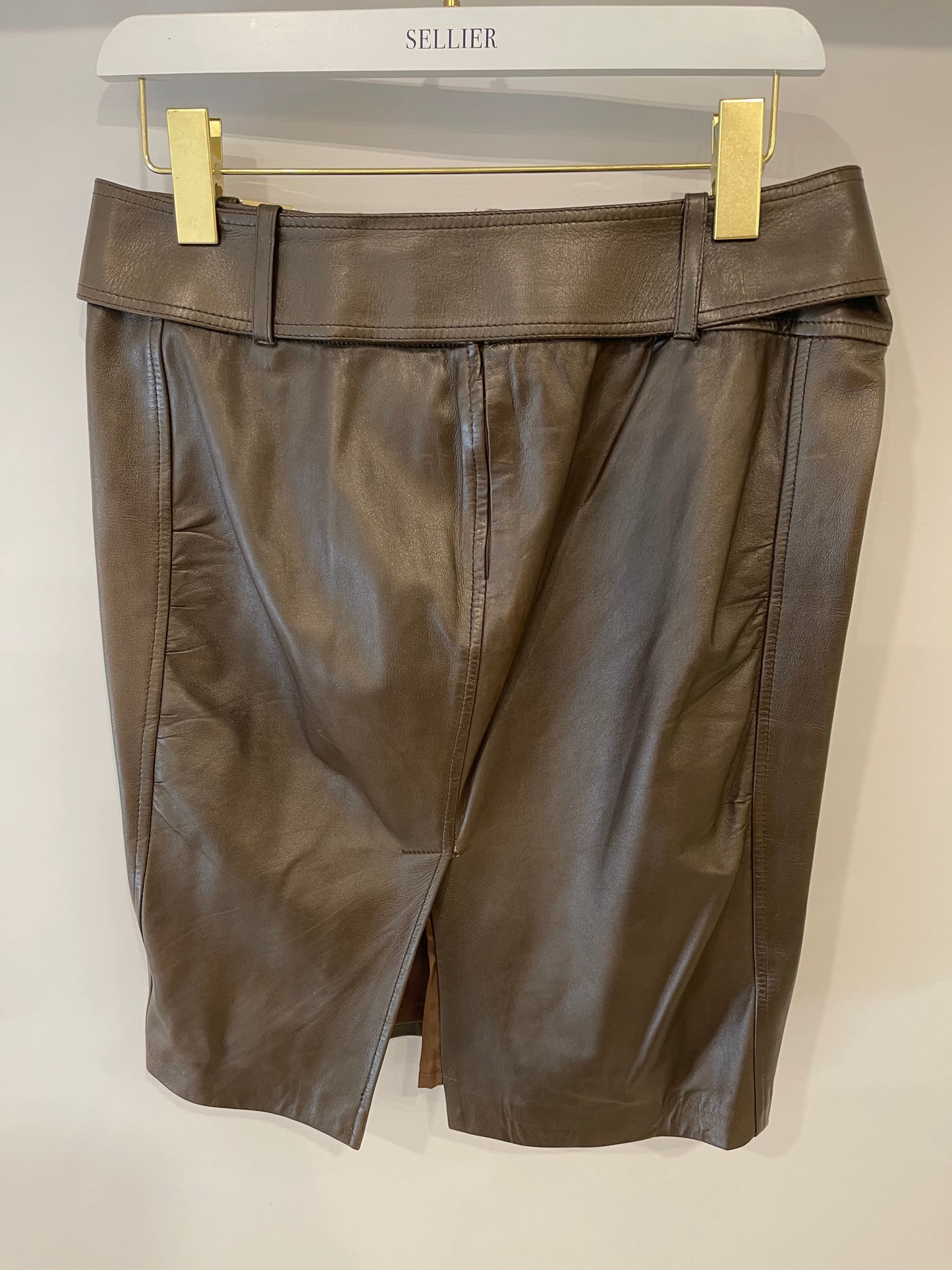 Luxury Gucci Trending 2025 Brown Leather Skirt with Bamboo Belt Detail Size IT 44 (UK 12)
