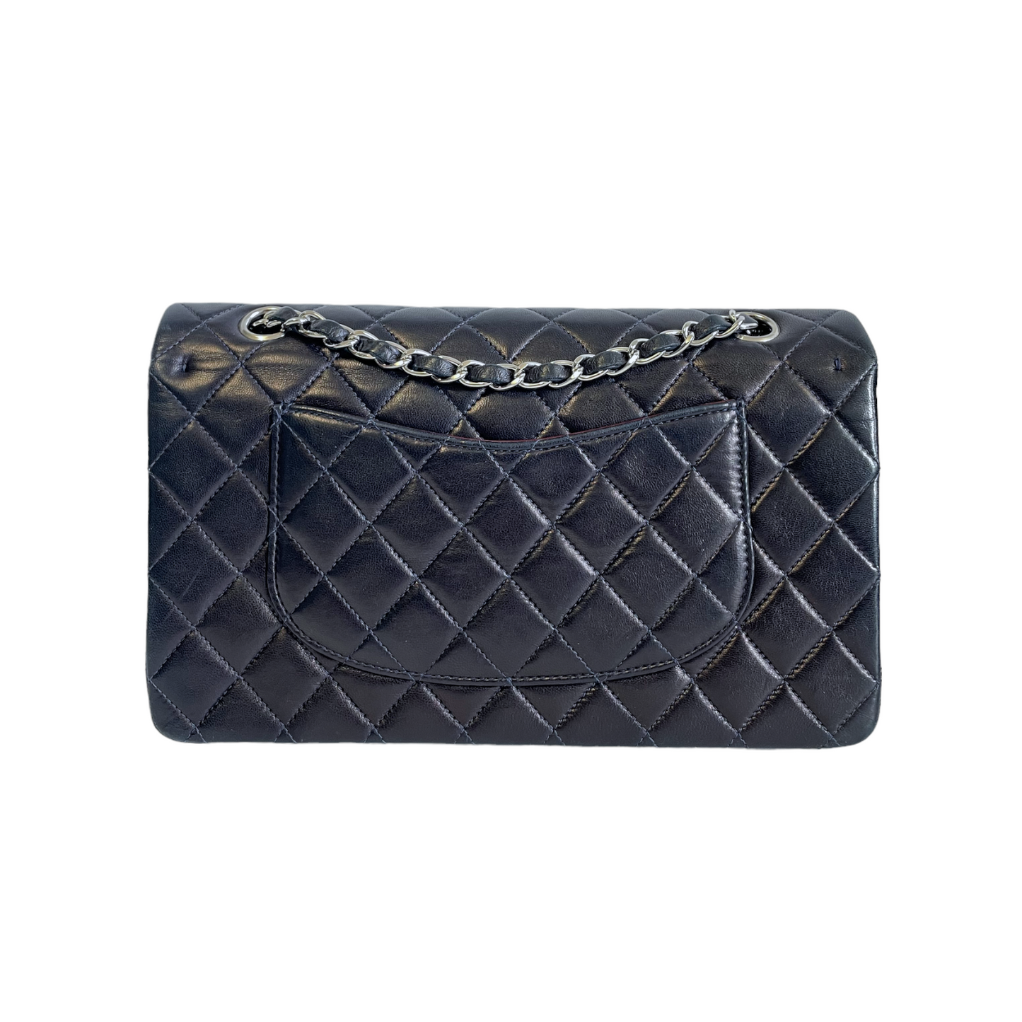 Luxury Chanel Classic Double Flap Medium Navy Blue Lambskin Silver