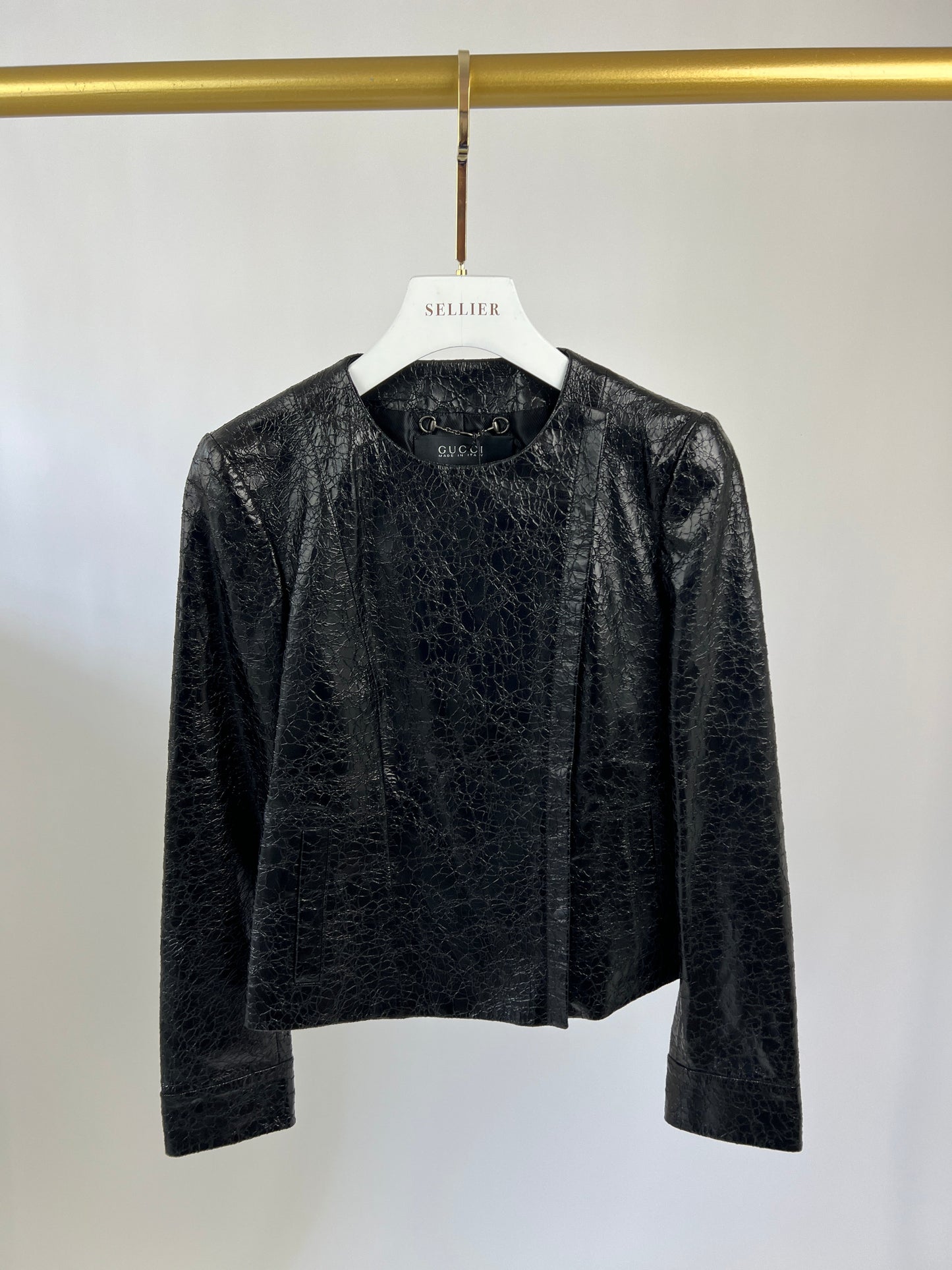 Luxury Gucci Black Lambskin Leather Jacket with Cracked Leather Effect Size IT 38 (UK 6)
