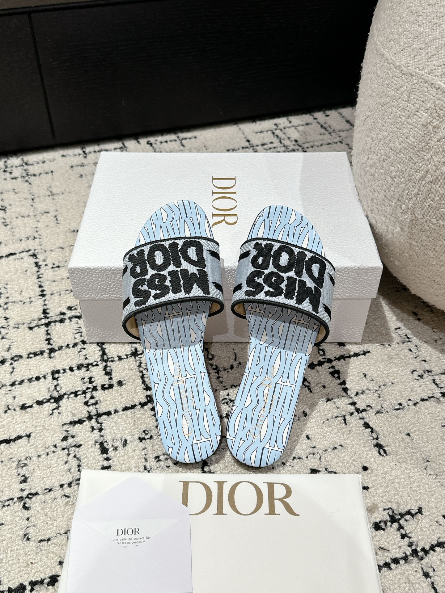 Luxury DiorDway Slide Blue Black Embroidered Cotton