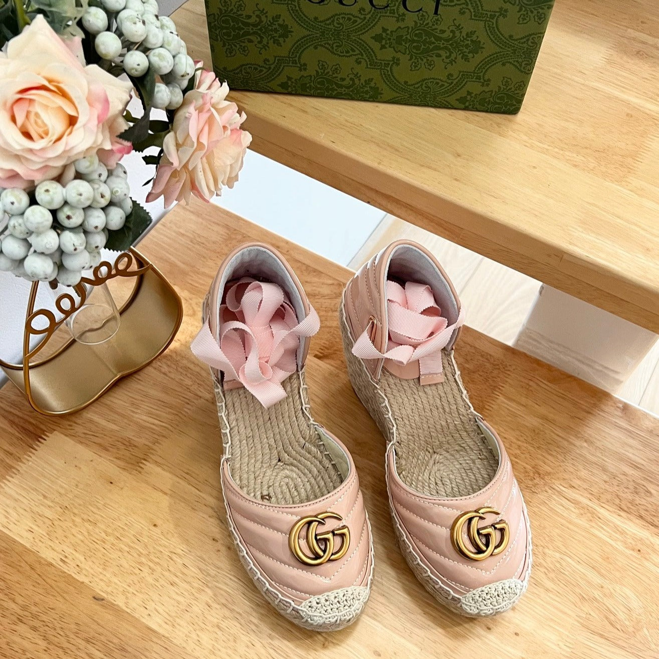 Luxury Gucci GG Crochet platform Espadrilles Blush Pink