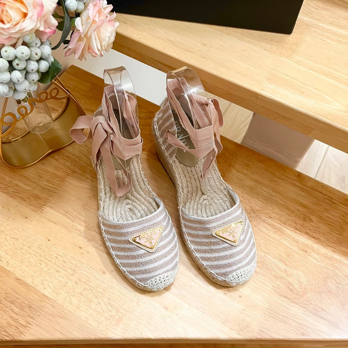 Luxury PradaSTRIPE ESPADRILLE WEDGE SANDAL PASTEL PINK FABRIC
