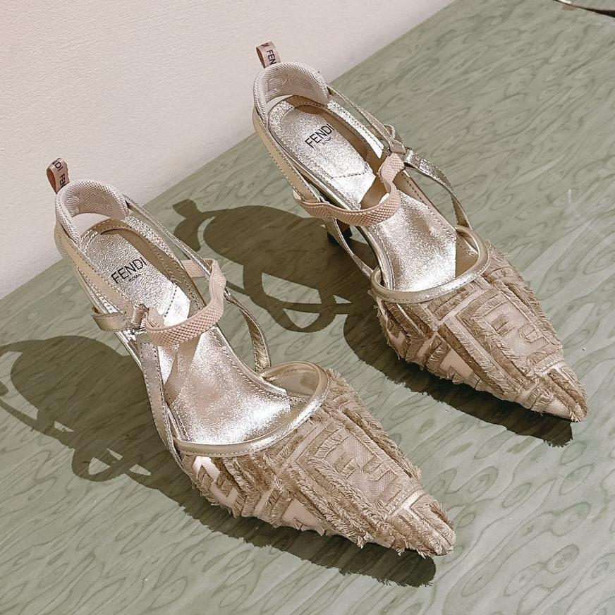 Luxury FendiLuxury FendiCOLIBRÌ HIGH-HEELED SLINGBACKS 75MM IN LIGHT GOLD FABRIC