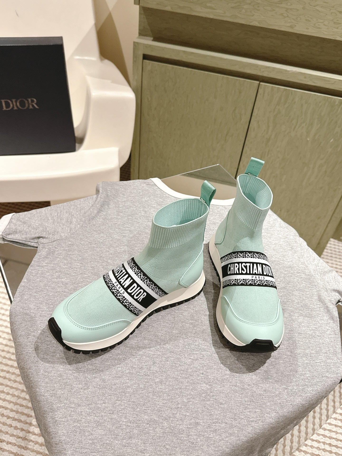 Luxury DiorHigh-Top Sneaker 40mm Jade Green Stretch Wool And Lambskin