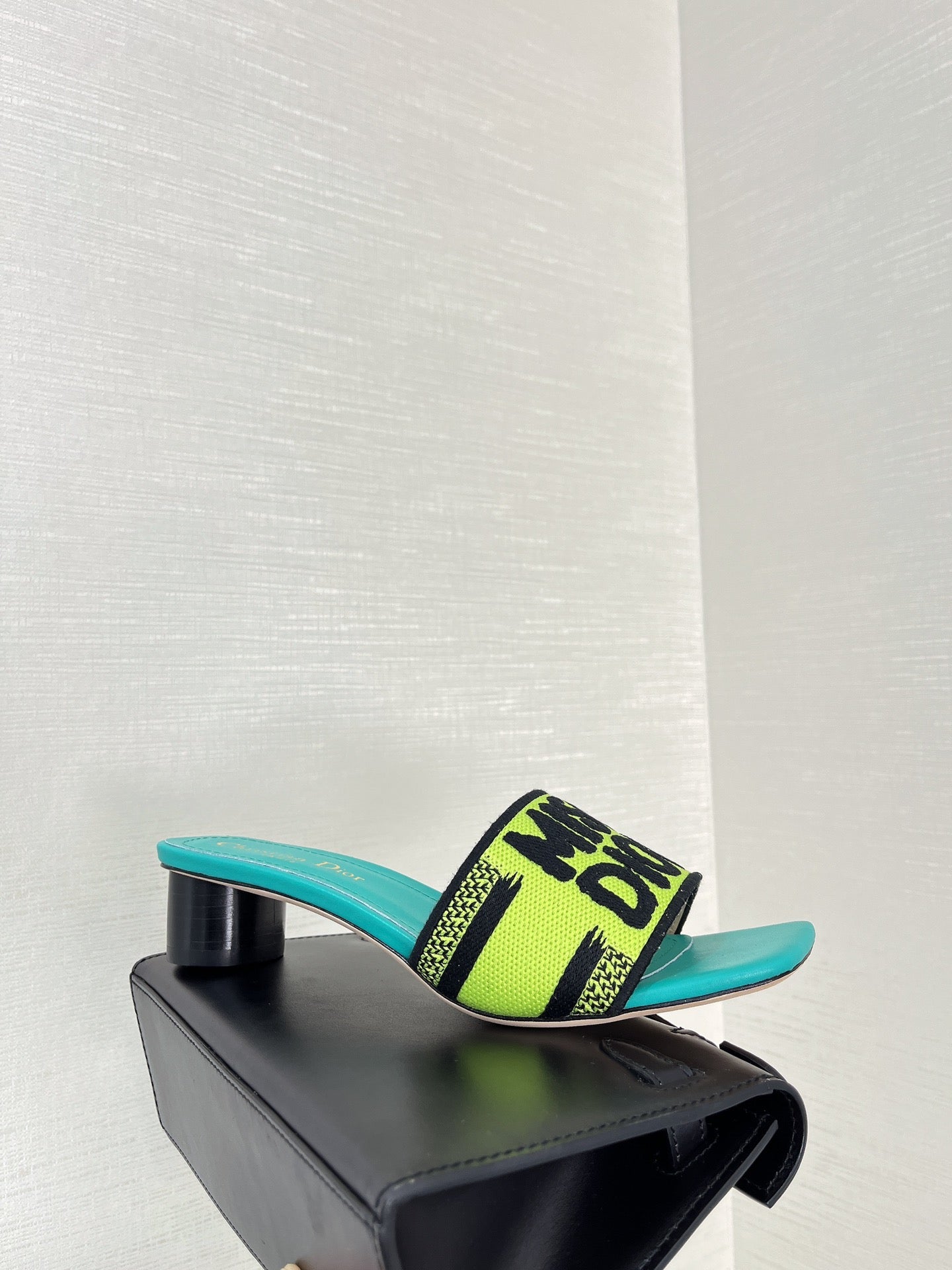 Luxury Diordway heeled slide 35 lime blue embroidered cotton