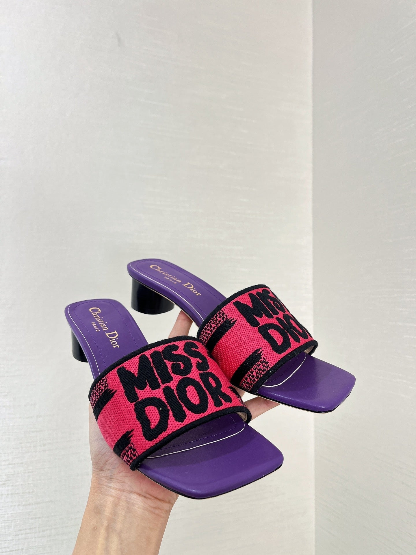 Luxury Diordway heeled slide 35 red purple embroidered cotton