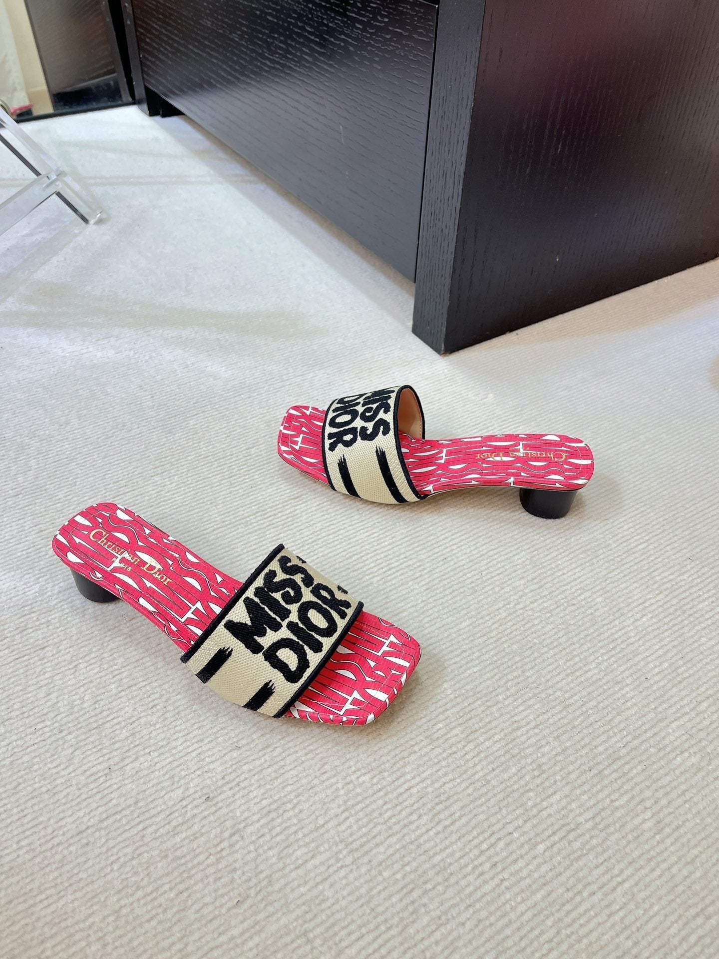 Luxury Diordway heeled slide 35 embroidered cotton red miss alllover motif