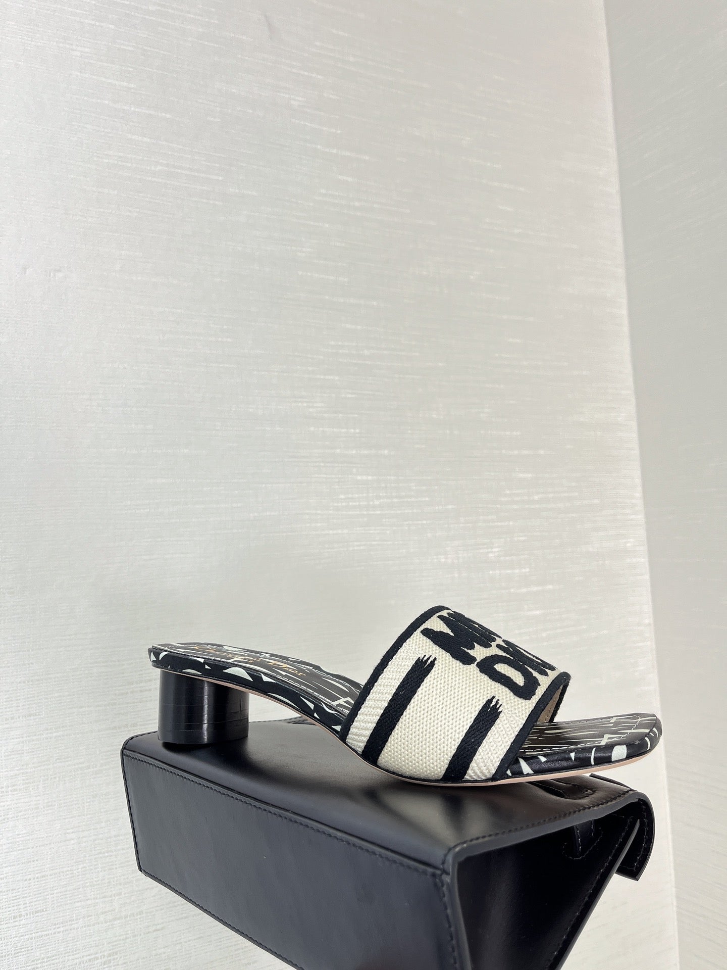 Luxury Diordway heeled slide 35 embroidered cotton black miss alllover motif