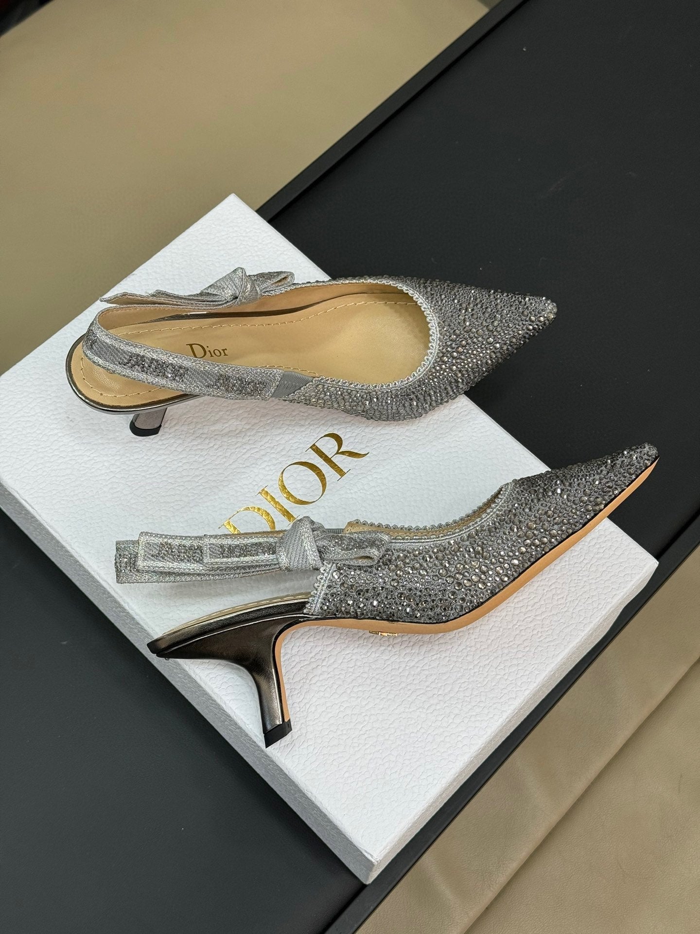Luxury DiorJ'A Luxury DiorSlingback Black Silver-tone Cotton Microbeads