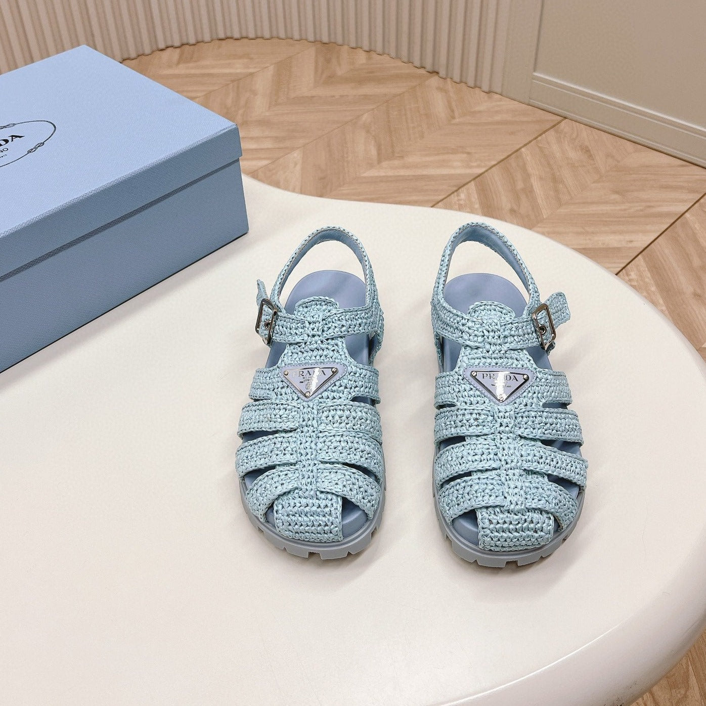 Luxury PradaRUBBER FISHERMAN SANDALS SKY LAMBSKIN