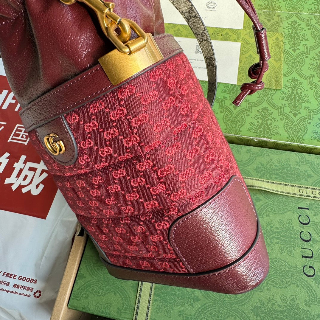 Luxury Gucci BUCKET BAG 18 IN BURGUNDY RED CANVAS AND CALFSKIN GOLD HARDWARE