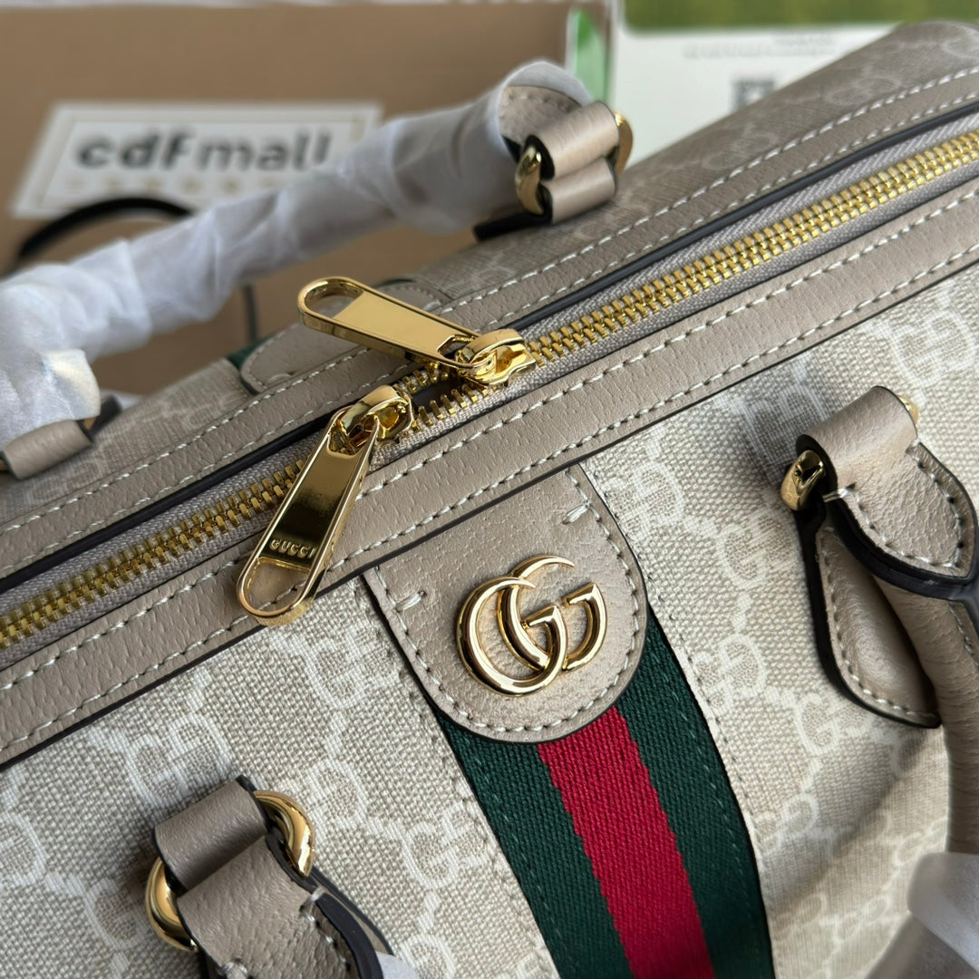 Luxury Gucci OPHIDIA MEDIUM TOP HANDLE BAG 31 IN BEIGE WHITE CANVAS AND OAT CALFSKIN TRIM GOLD HARDWARE