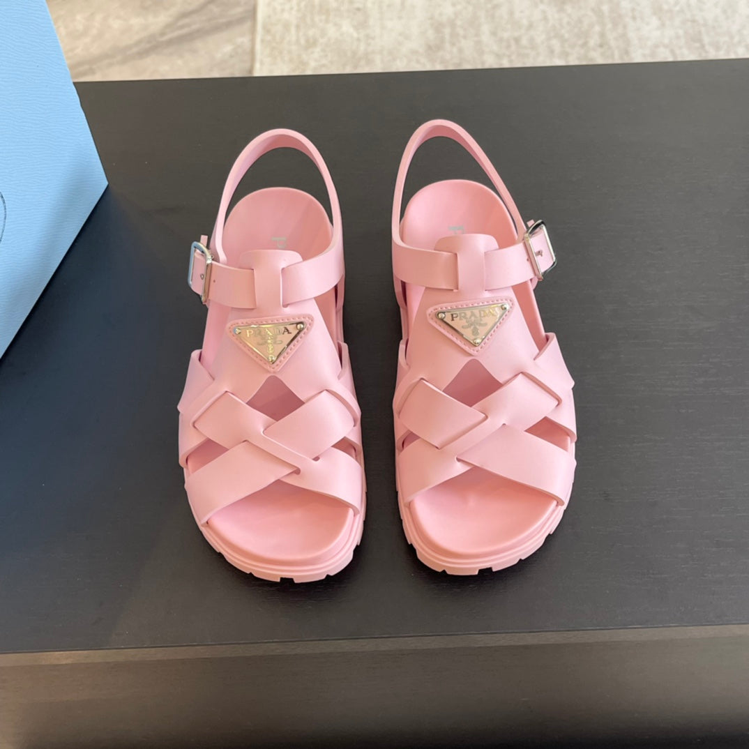 Luxury PradaCRISSCROSS RUBBER SANDALS LIGHT PINK CALFSKIN