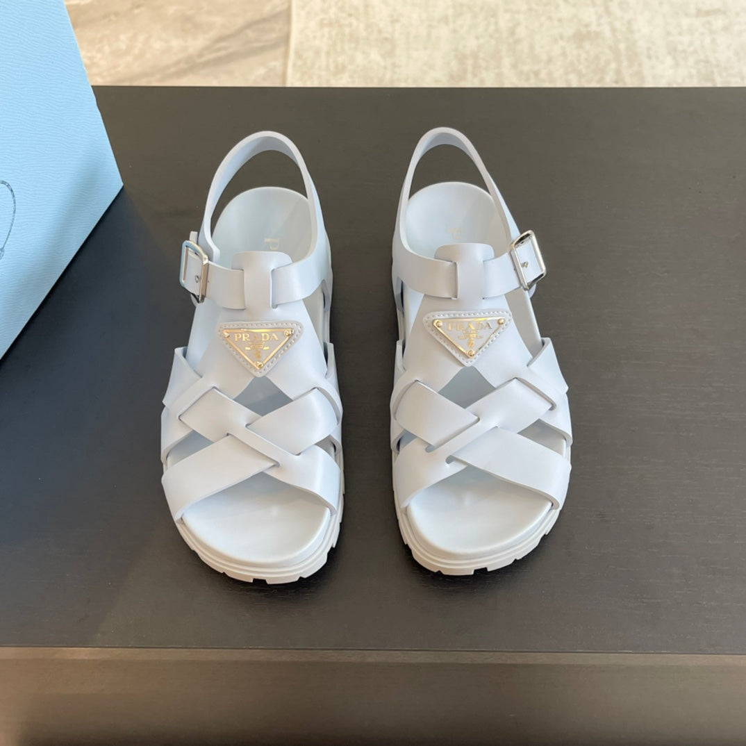 Luxury PradaCRISSCROSS RUBBER SANDALS WHITE CALFSKIN