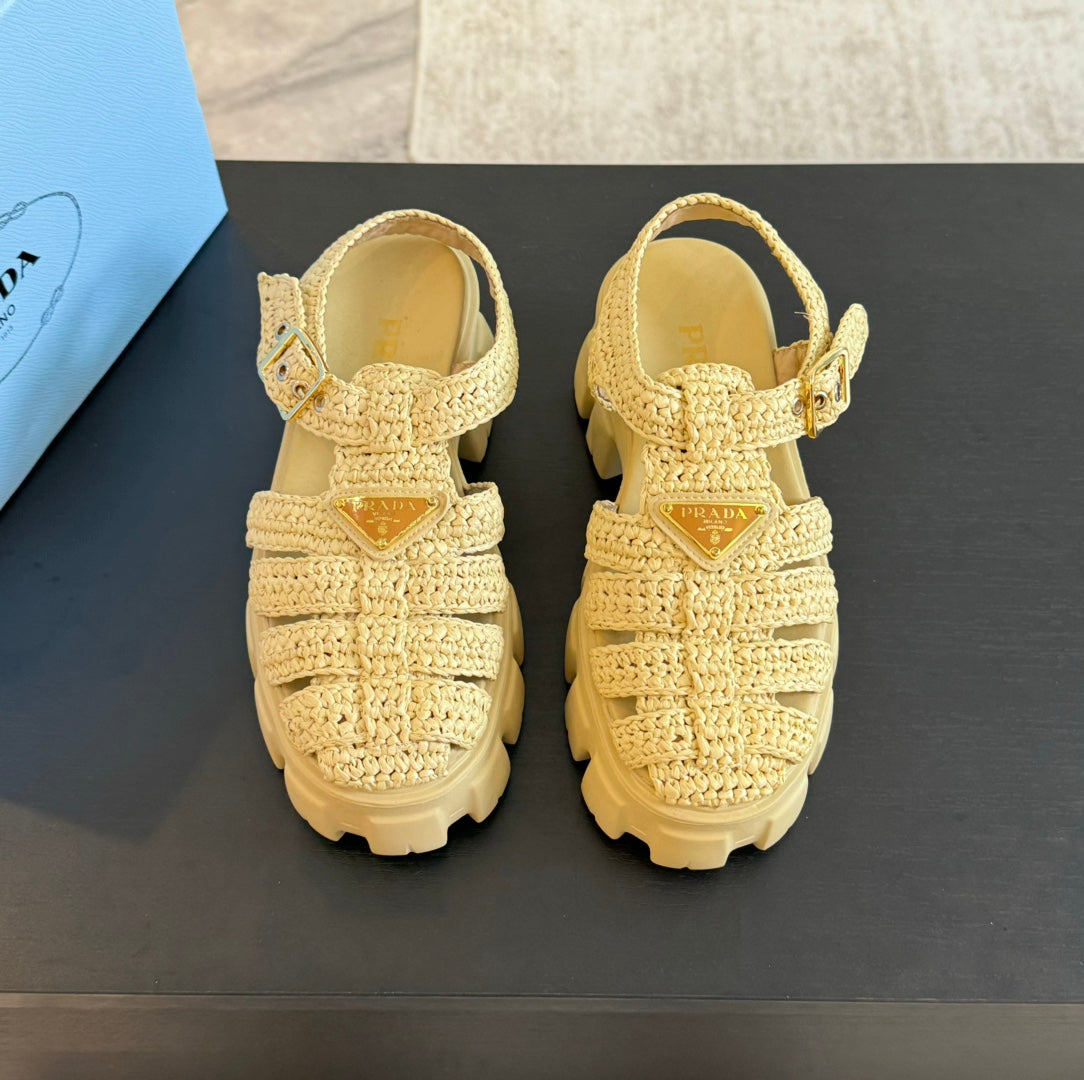 Luxury PradaMONOLITH CROCHET CAGE SANDALS PASTEL YELLOW LAMBSKIN
