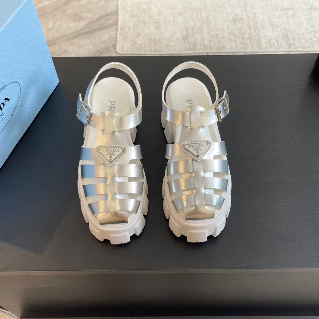 Luxury PradaRUBBER MONOLITH SANDALS SILVER CALFSKIN
