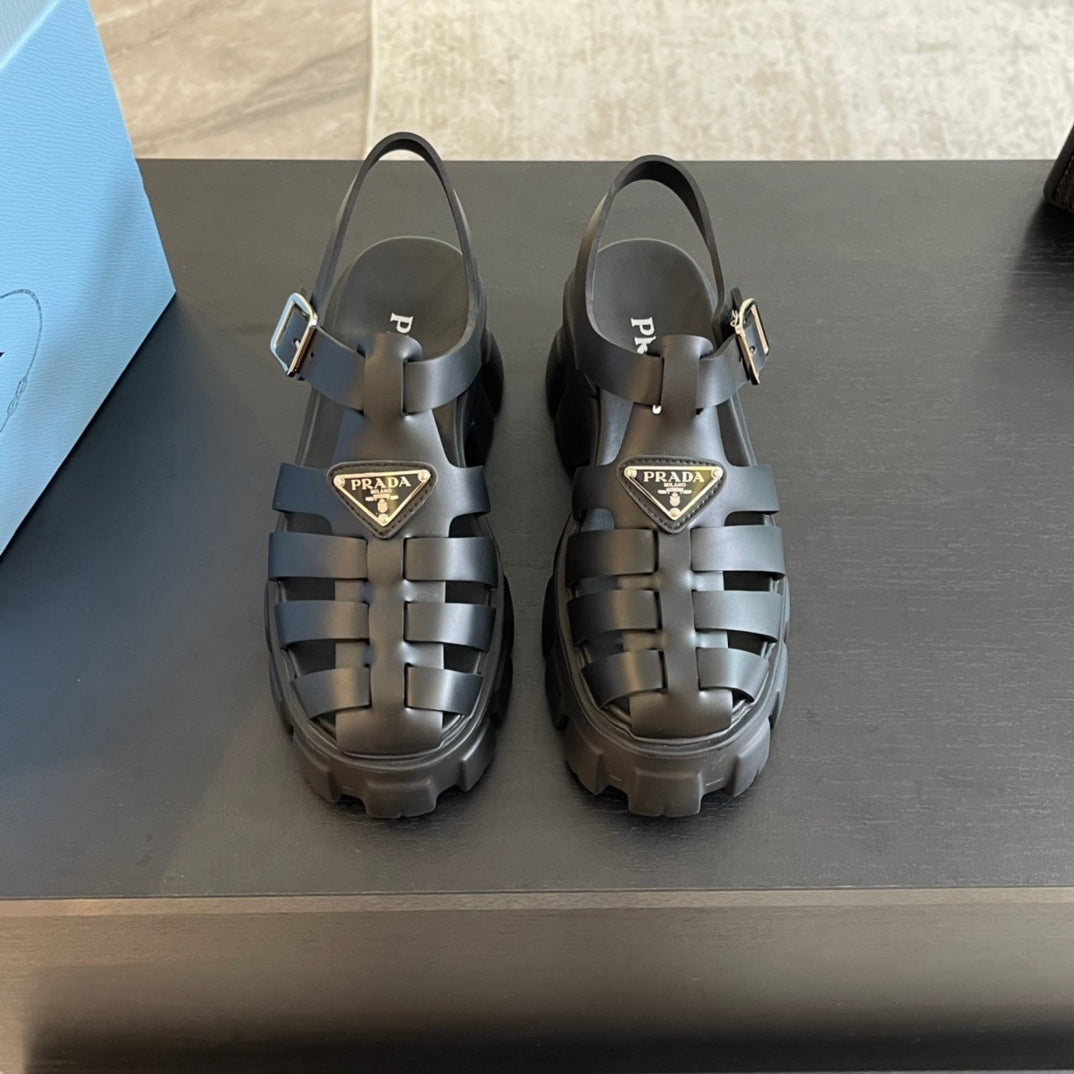Luxury PradaRUBBER MONOLITH SANDALS BLACK CALFSKIN