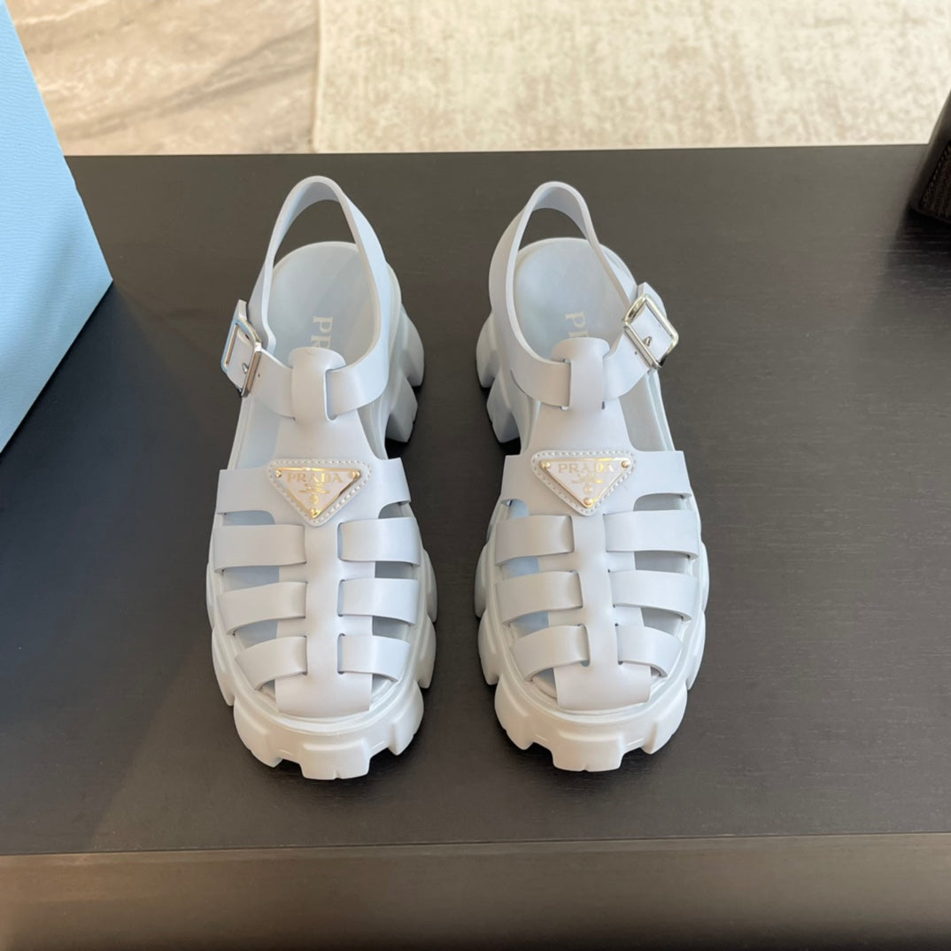 Luxury PradaRUBBER MONOLITH SANDALS PASTEL BLUE CALFSKIN