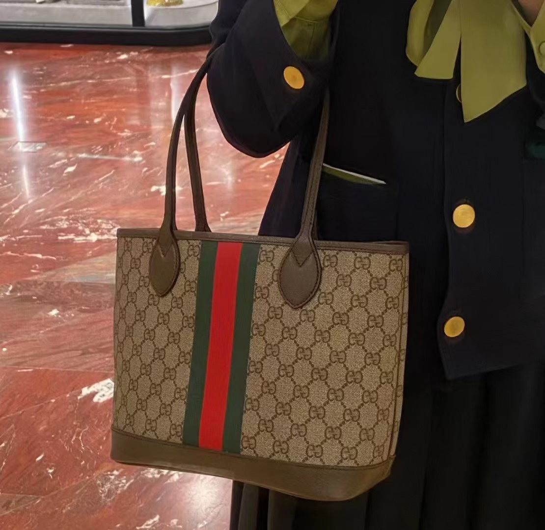 Luxury Gucci GG OPHIDIA SMALL 25 TOTE IN BEIGE AND EBONY CANVAS