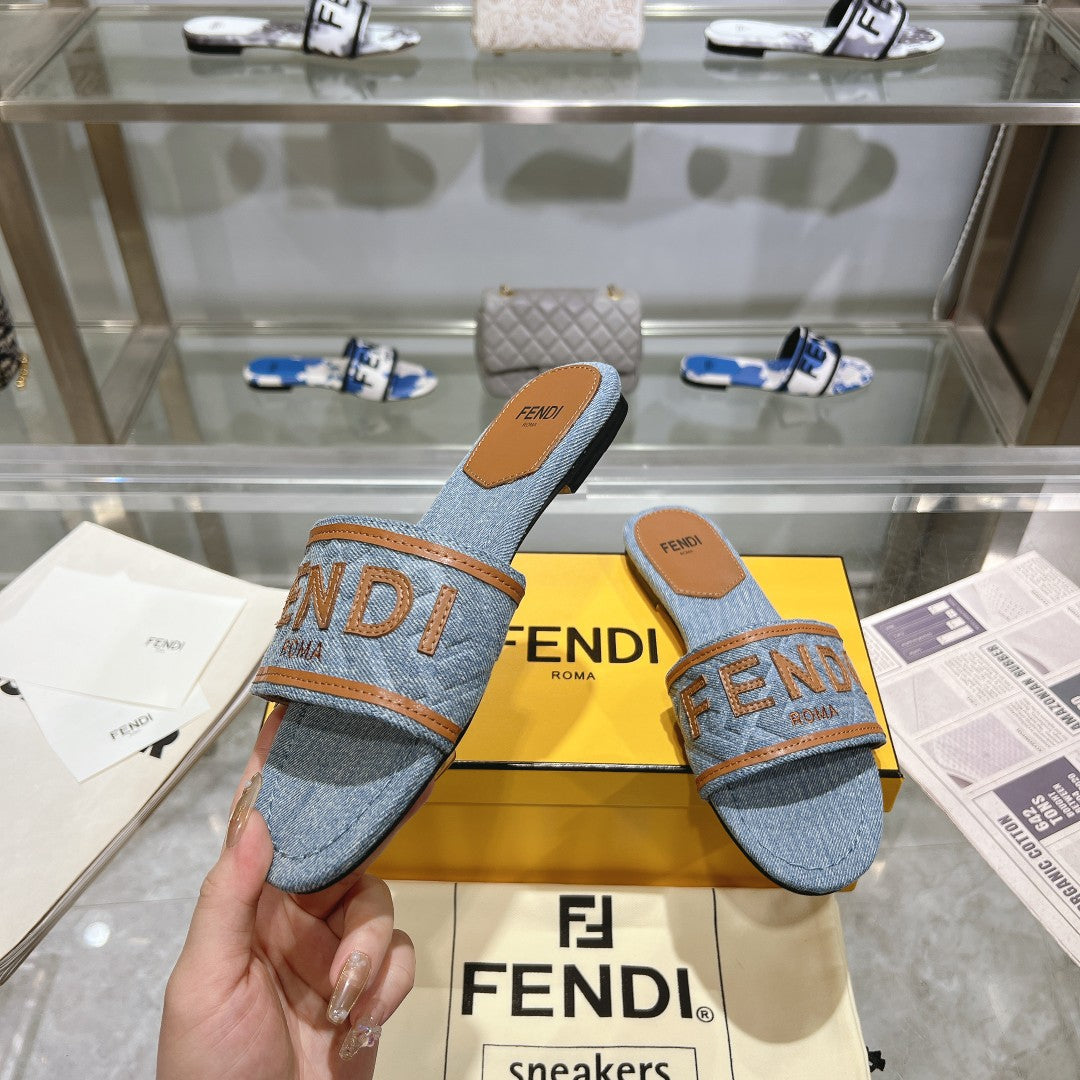 Luxury FendiFF Women Signature Slides Tan Denim Canvas Slide