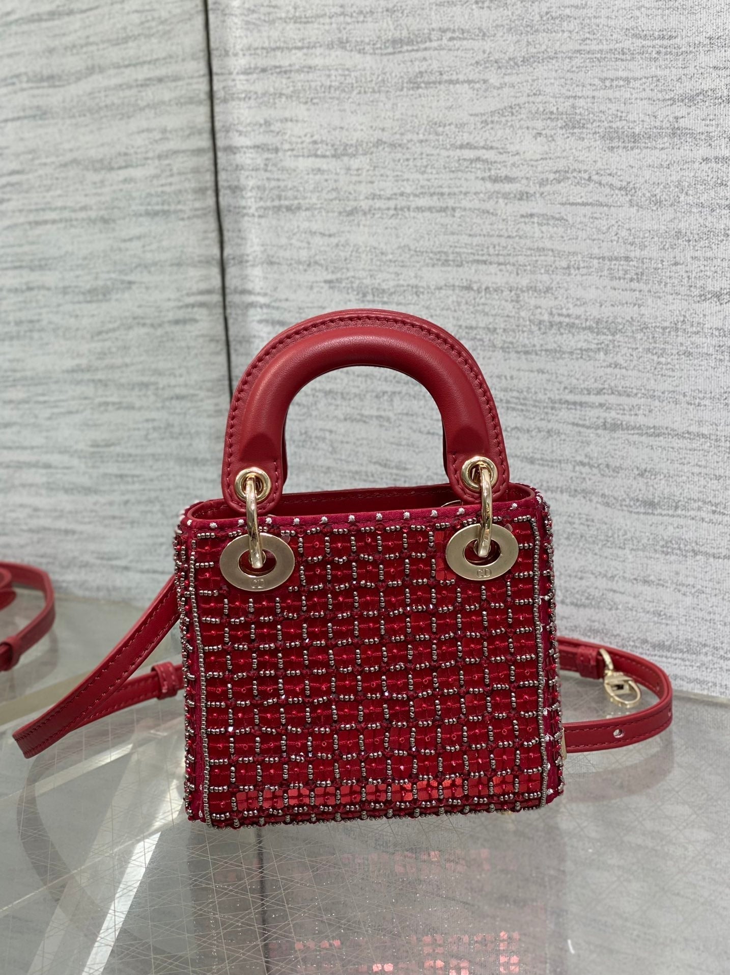 Luxury DiorLady Micro Bag 10cm Red Fabric Embelished Bead