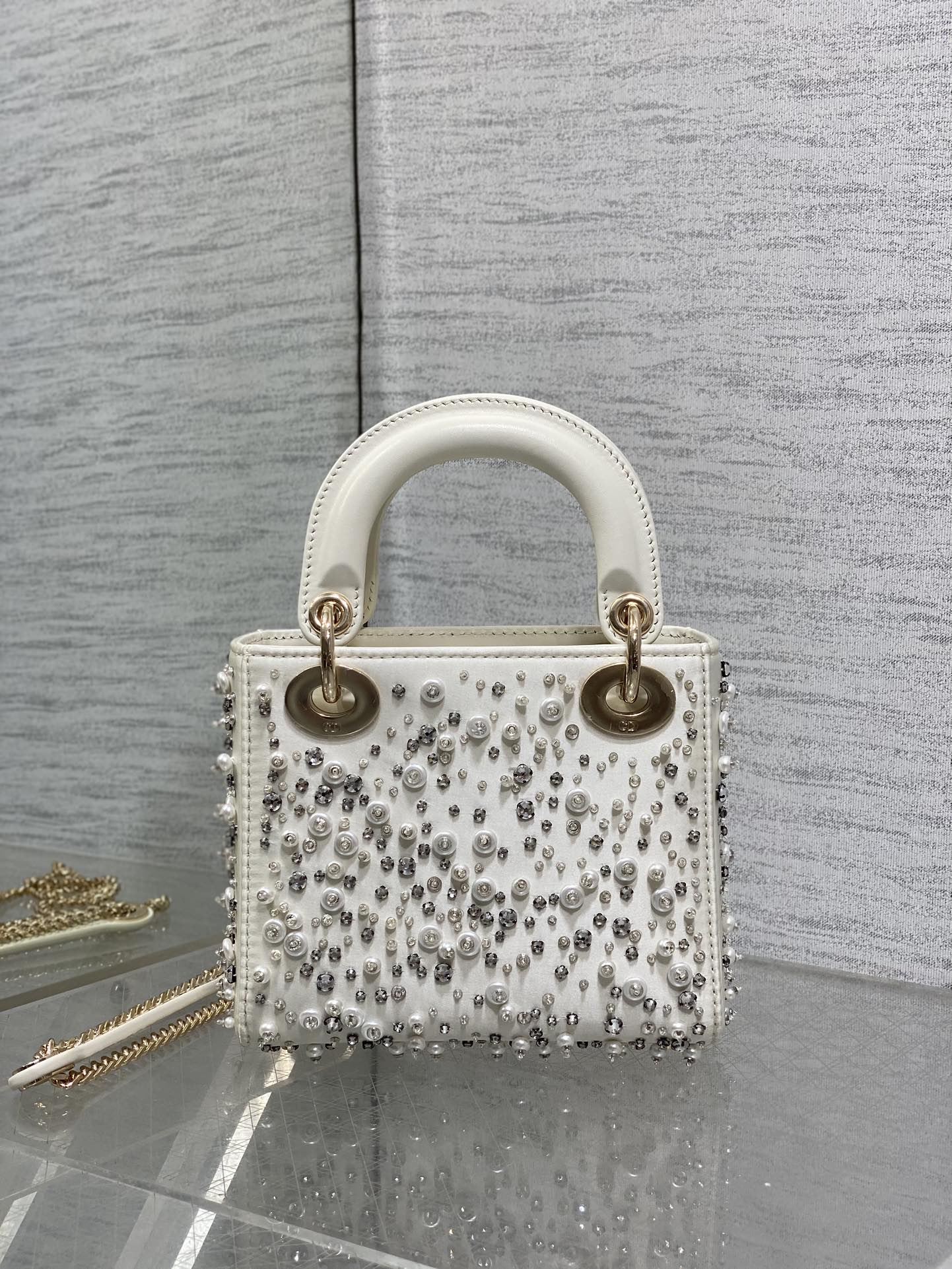 Luxury DiorLady 17cm White Canvas Diamond Embellished