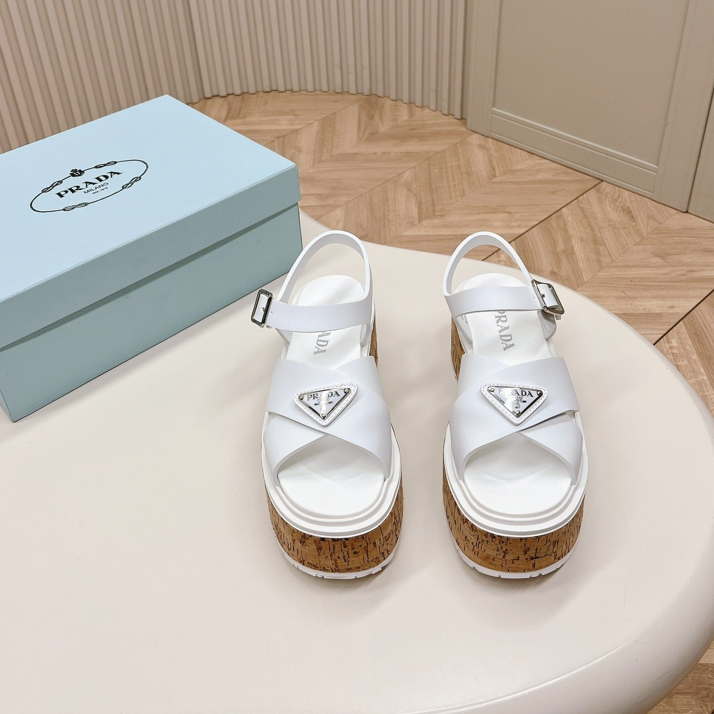 Luxury PradaWEDGE PLATFORM SANDALS WHITE CALFSKIN