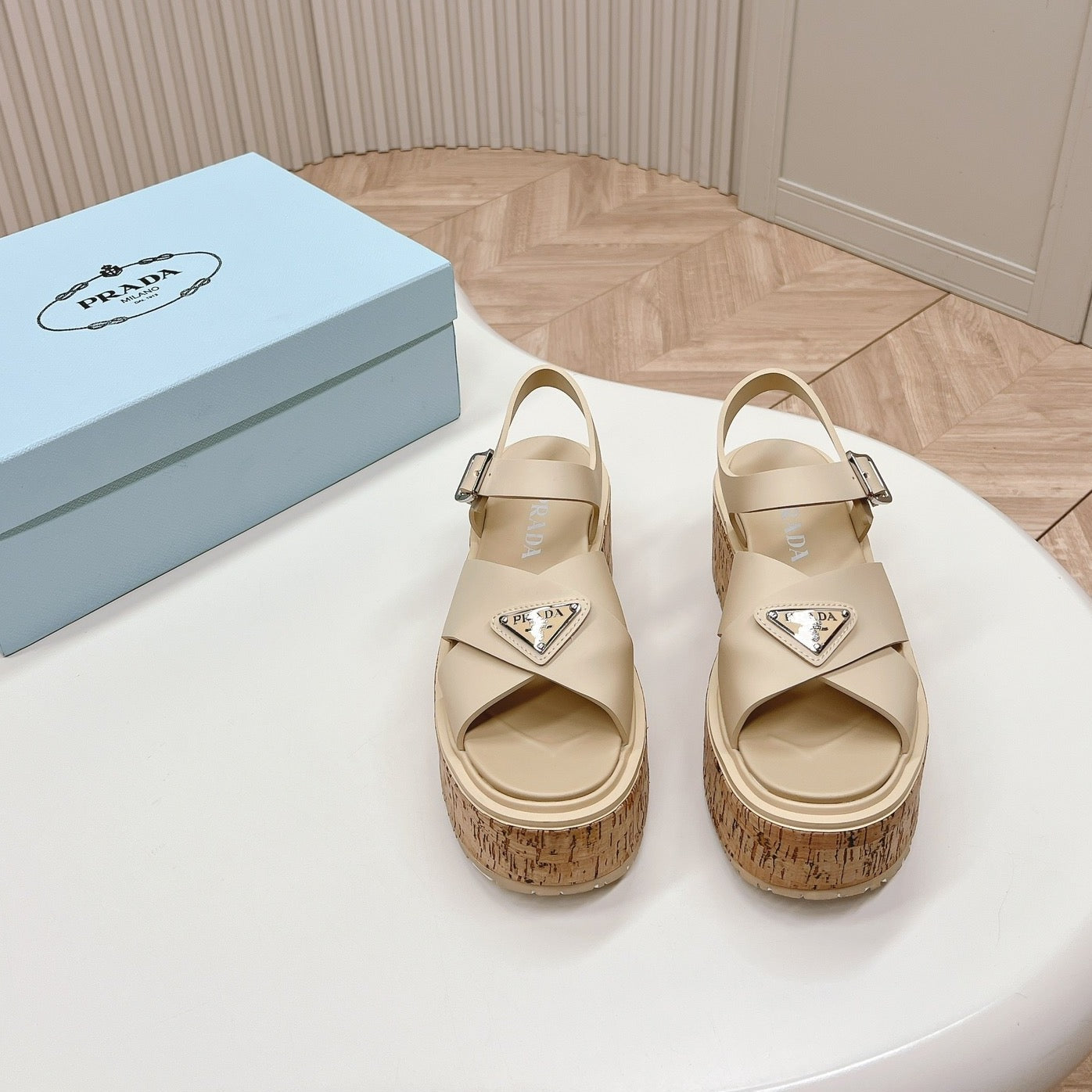 Luxury PradaWEDGE PLATFORM SANDALS BEIGE CALFSKIN