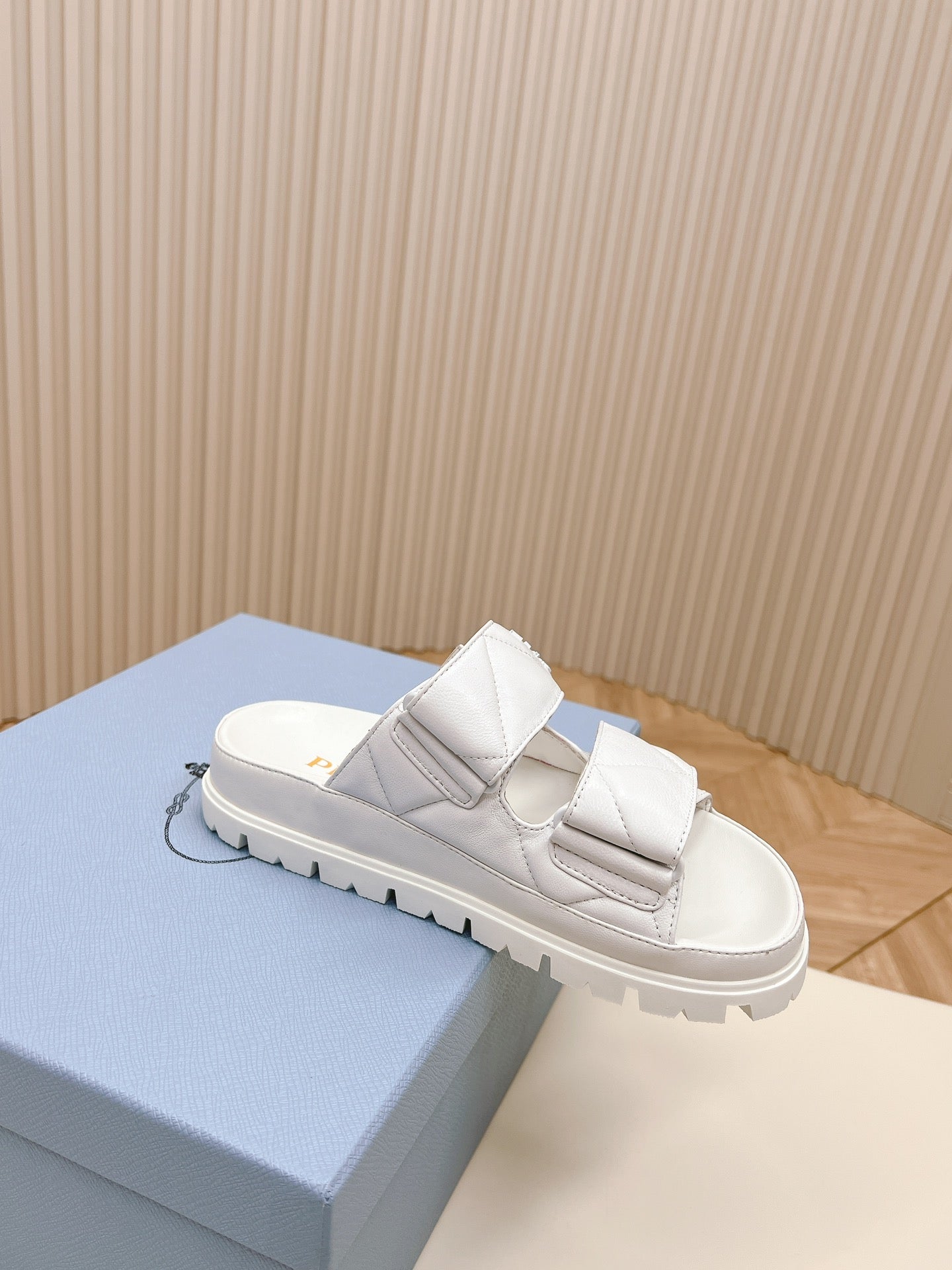 Luxury PradaDouble Strap Quilted Slide 20 White Calfskin