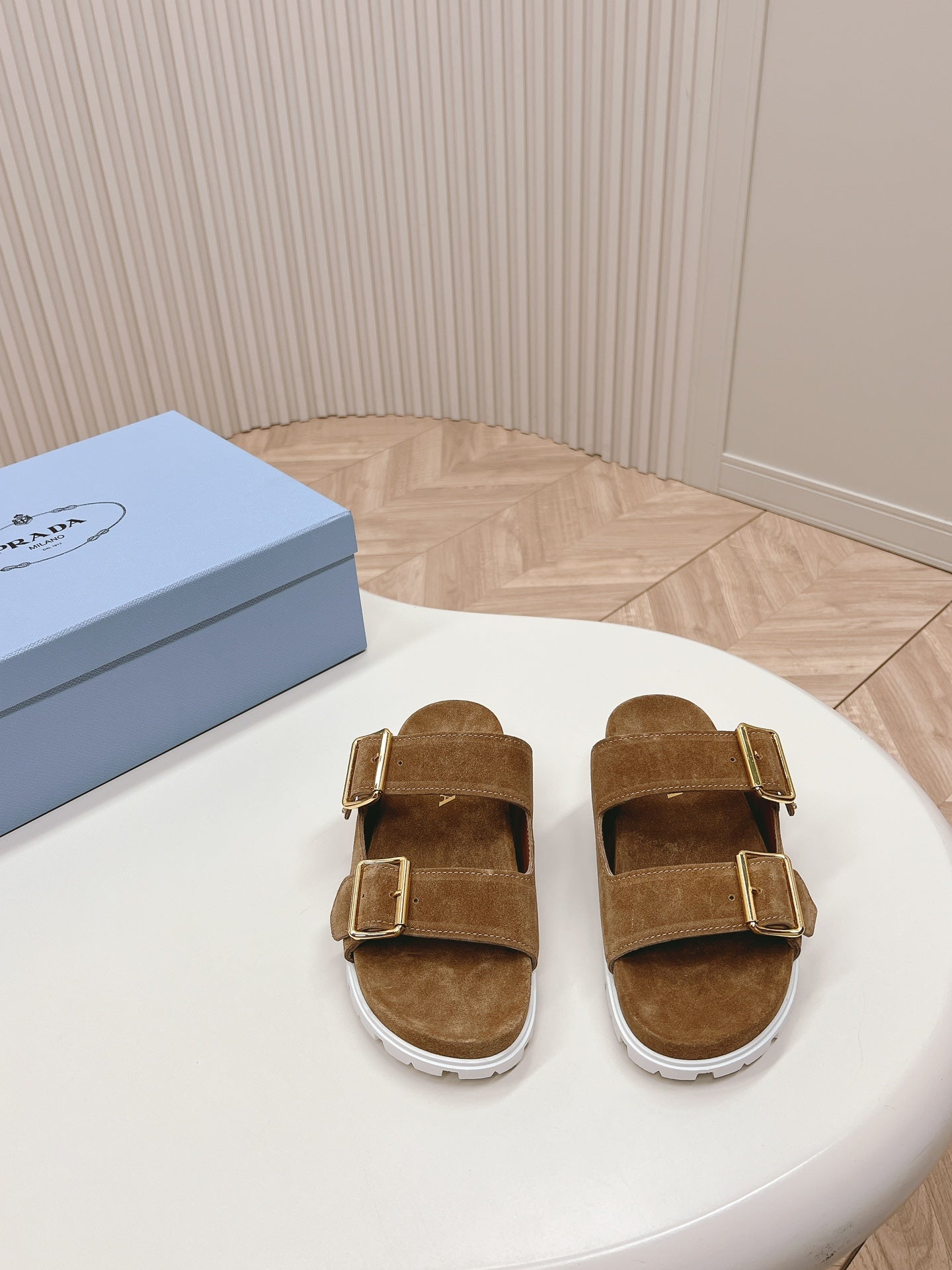 Luxury PradaDouble Buckle Strap Slides 20 Brown Suede