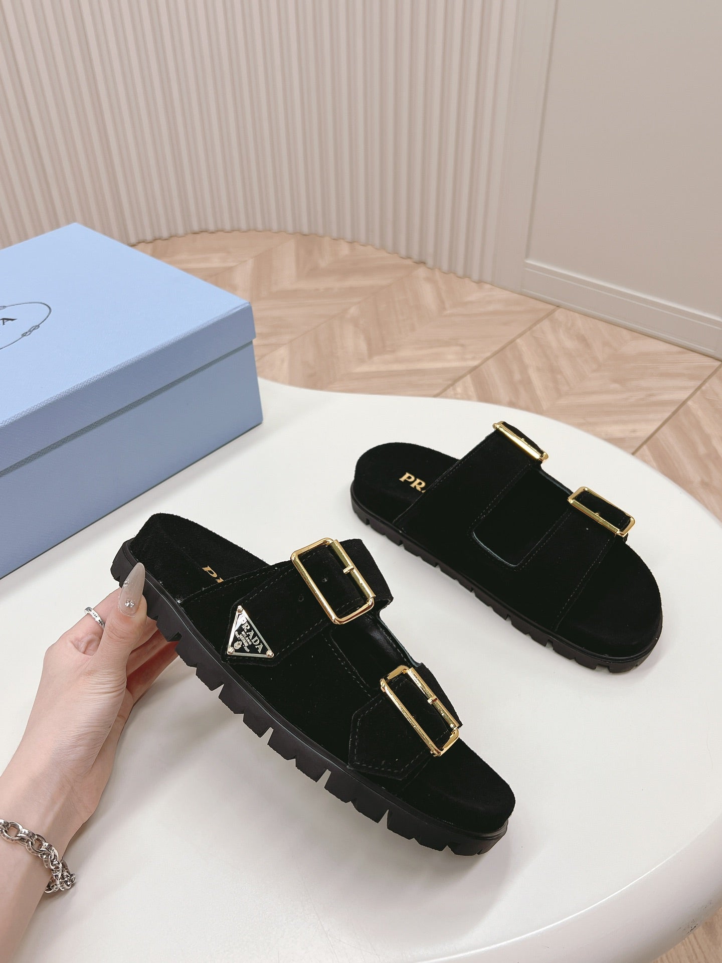 Luxury PradaDouble Buckle Strap Slides 20 Black Suede