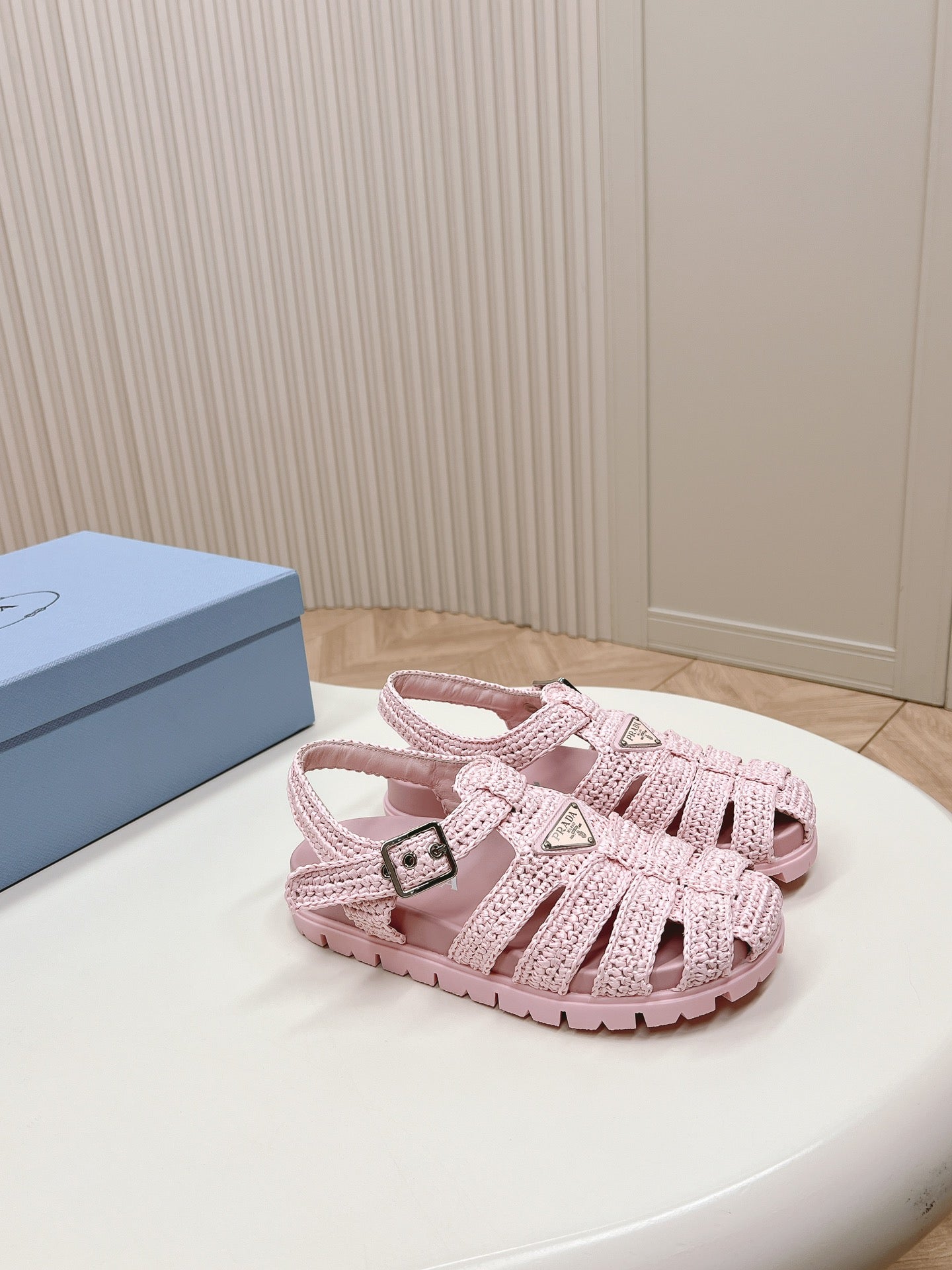 Luxury PradaMonolith Crochet Cage Sandals 30 Pink
