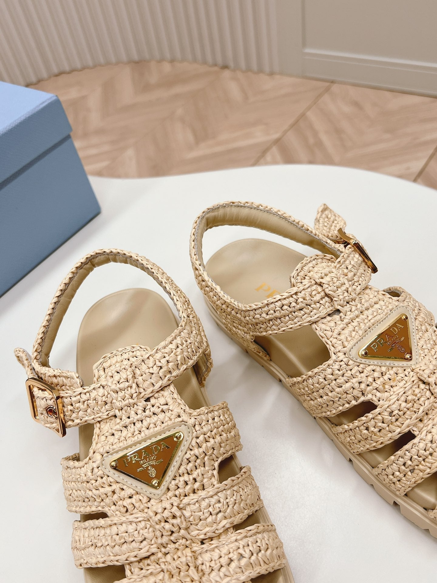 Luxury PradaMonolith Crochet Cage Sandals 30 Beige