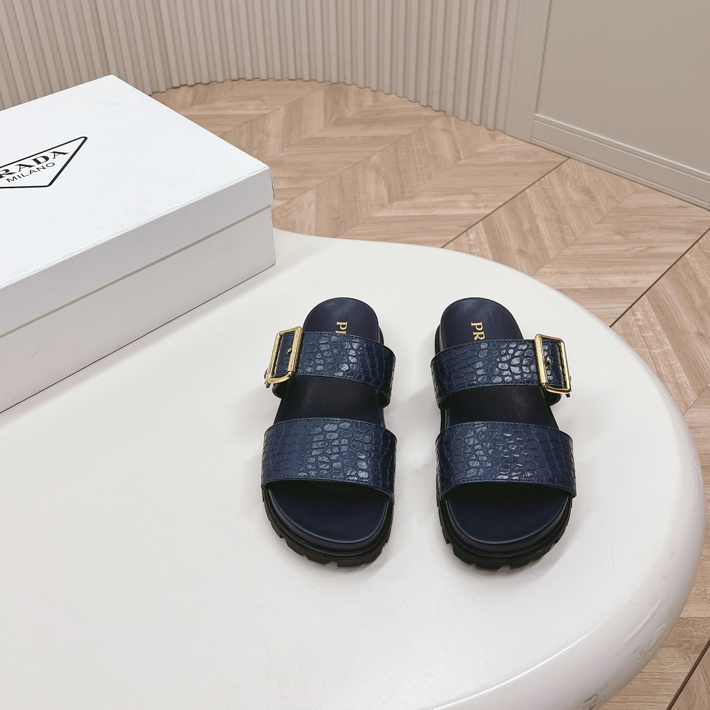 Luxury PradaCROCODILE MOTIF SLIDES SANDALS NAVY CALFSKIN