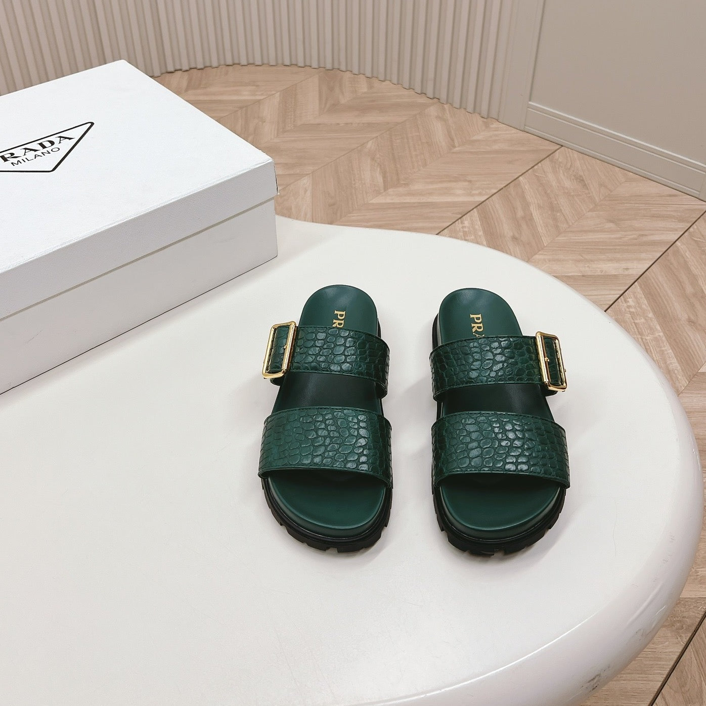 Luxury PradaCROCODILE MOTIF SLIDES SANDALS CASTLETON GREEN CALFSKIN