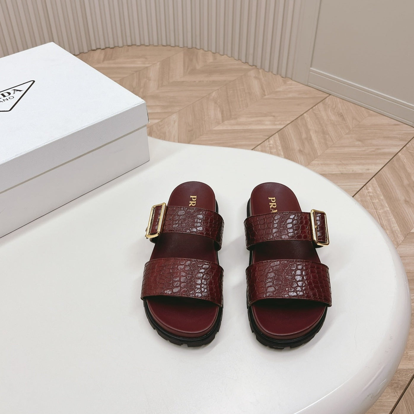 Luxury PradaCROCODILE MOTIF SLIDES SANDALS WINE CALFSKIN