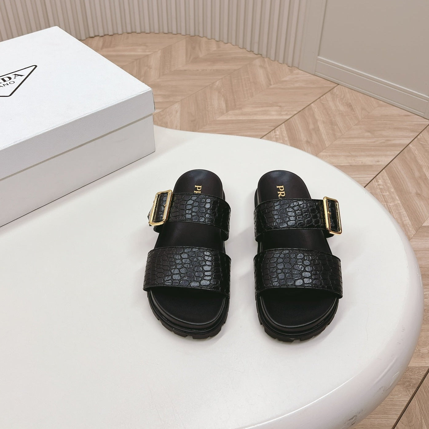 Luxury PradaCROCODILE MOTIF SLIDES SANDALS BLACK CALFSKIN