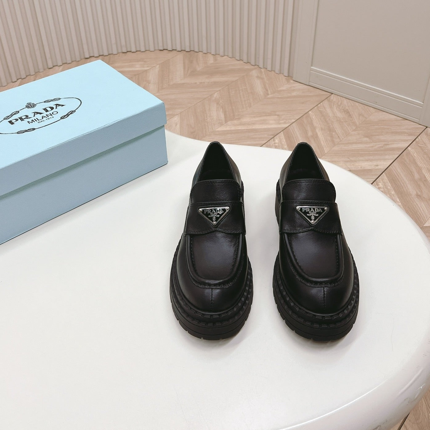 Luxury PradaBRUSHED MONOLITH LOAFERS BLACK CALFSKIN