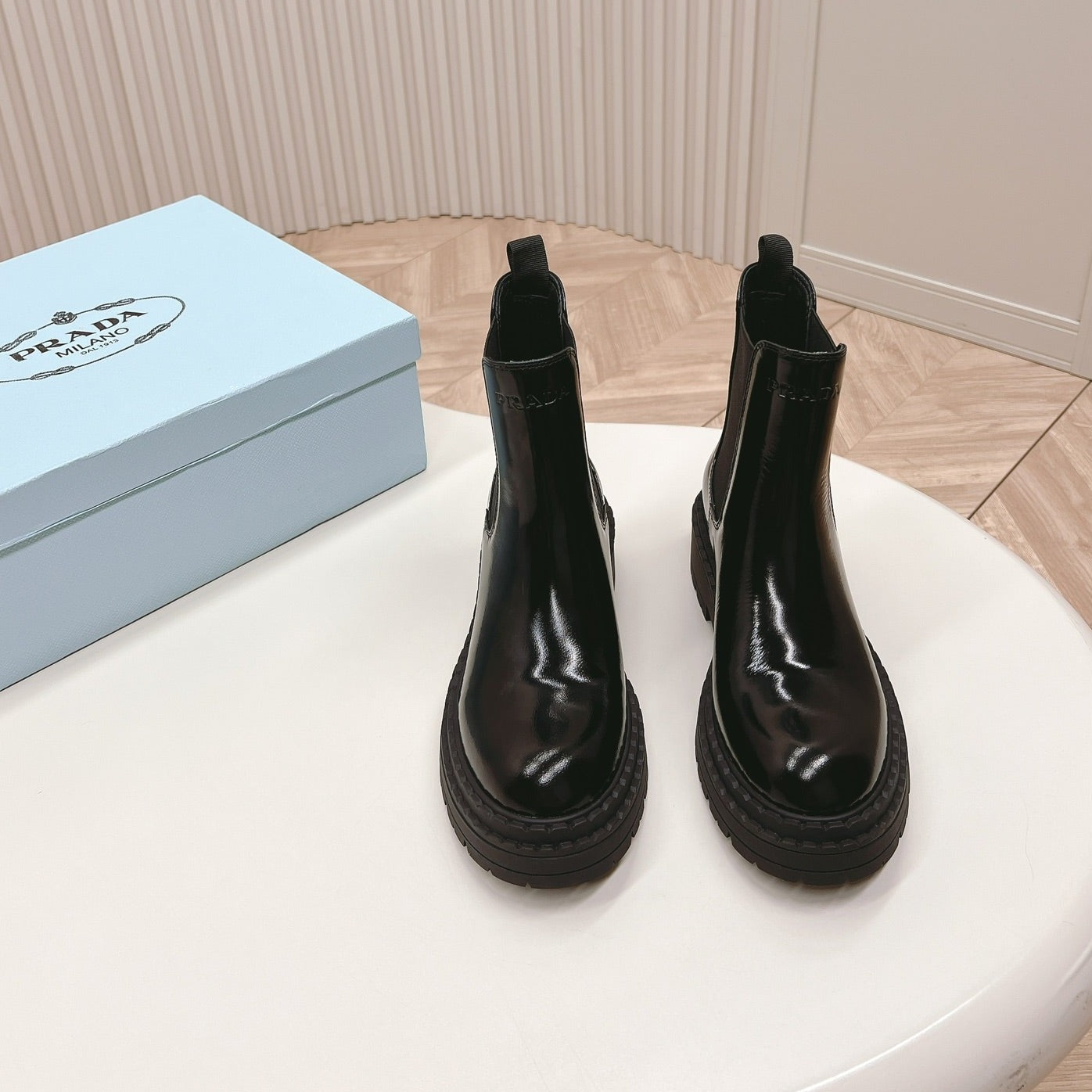 Luxury PradaMONOLITH BRUSHED BOOTIES GLOSSY BLACK CALFSKIN