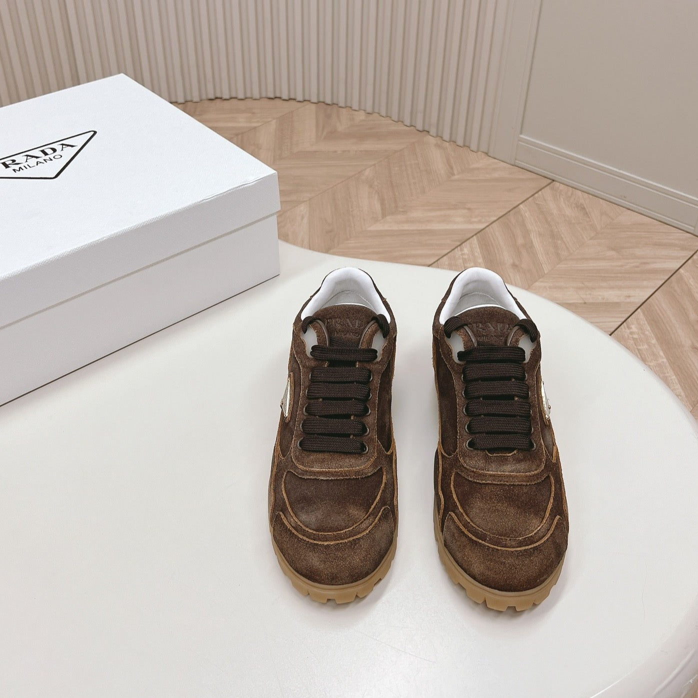 Luxury PradaFADED SUEDE SNEAKERS CHOCOLATE
