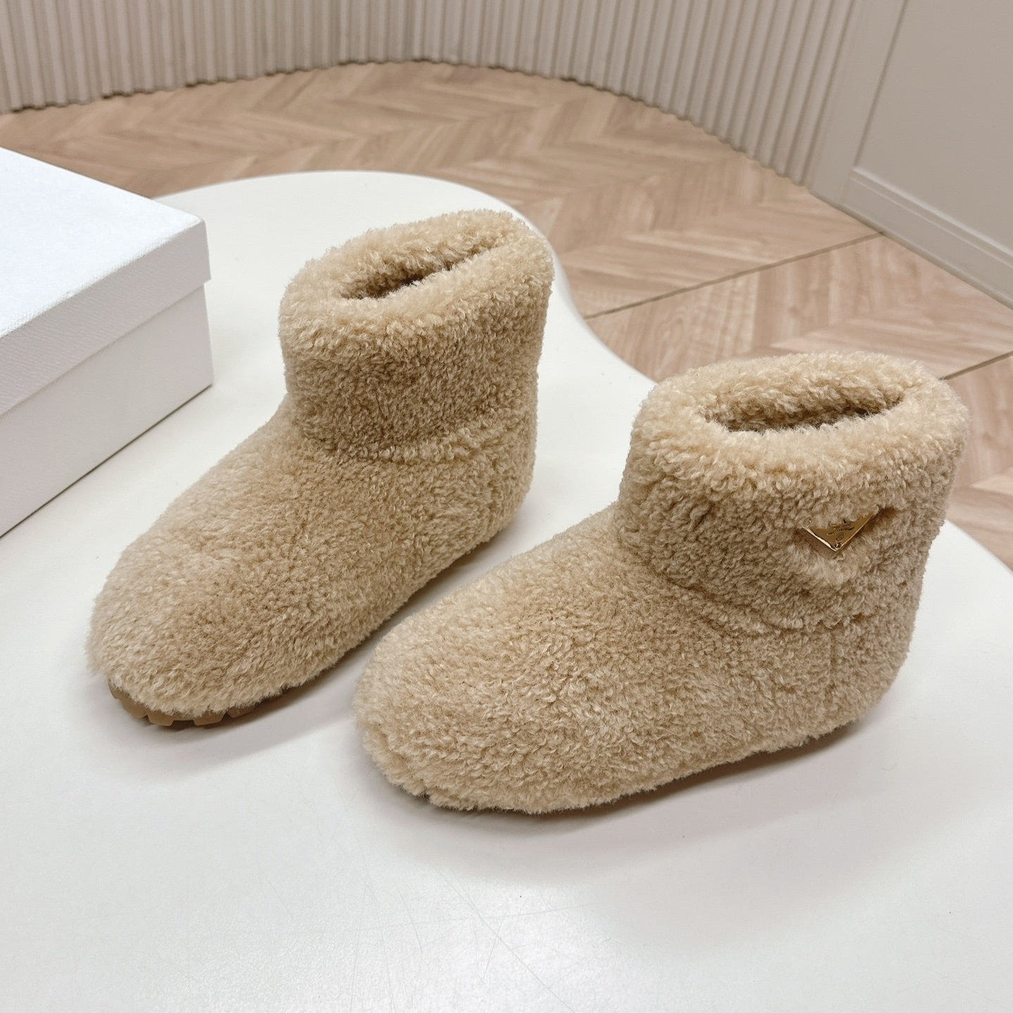 Luxury PradaSNOW ANKLE BOOTS IN BEIGE SHEARLING