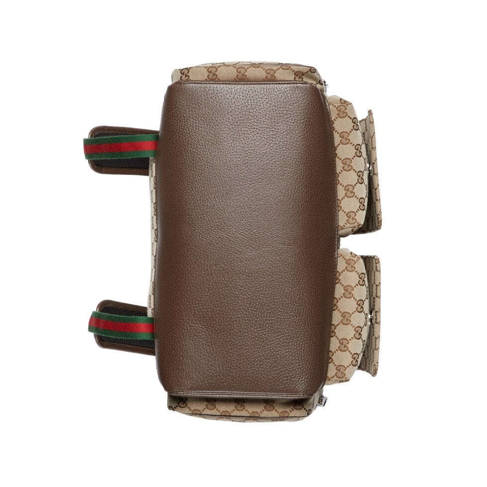 Luxury Gucci DIAPER BAG 40 WITH WEB IN BEIGE AND EBONY CANVAS MIX BROW CALFSKIN