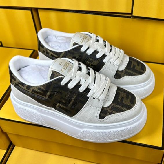 Luxury FendiLuxury FendiTHICK-SOLDED SNEAKER IN WHITE SUEDE AND BROWN MONOGRAM FABRIC