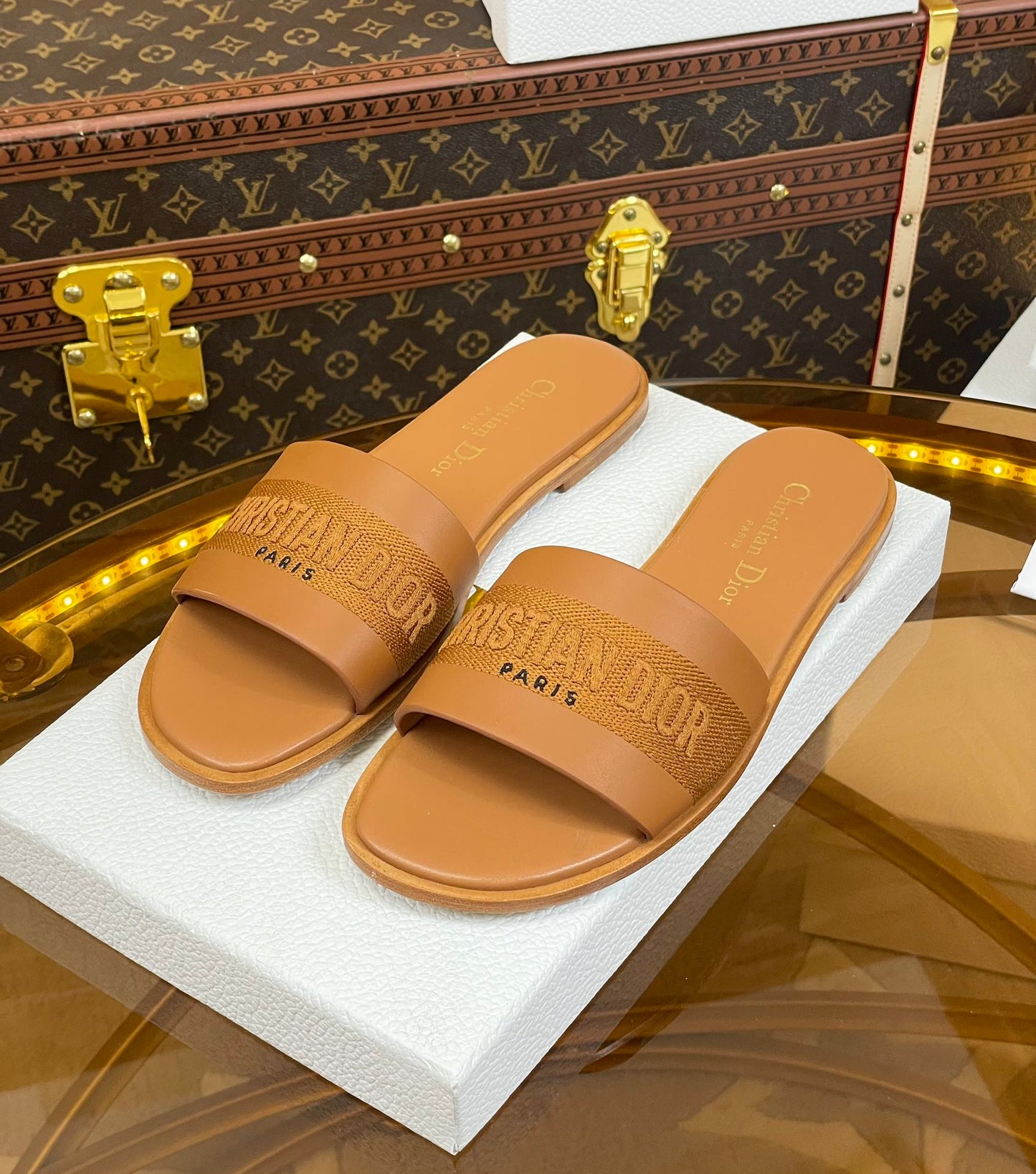 Luxury Diorslide camel calfskin embroidered cotton