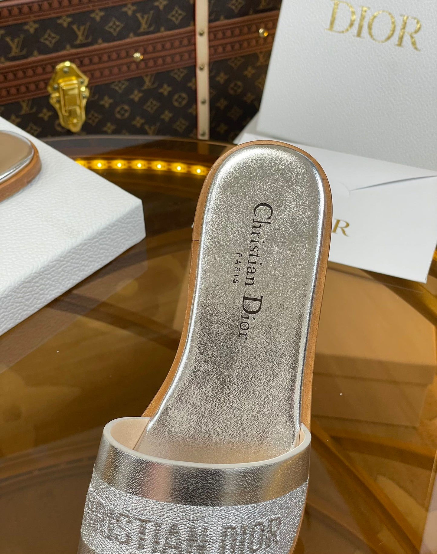 Luxury Diorslide silver metalic calfskin embroidered cotton