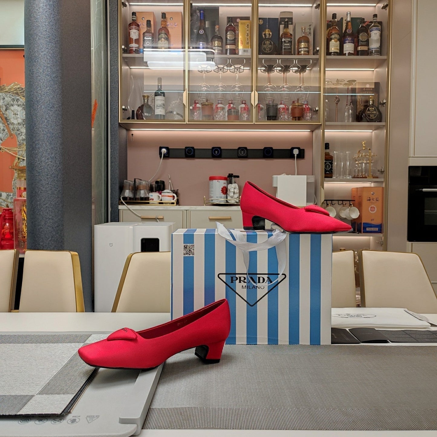 Luxury PradaTRIANGLE LOGO PUMPS IN RED SATIN