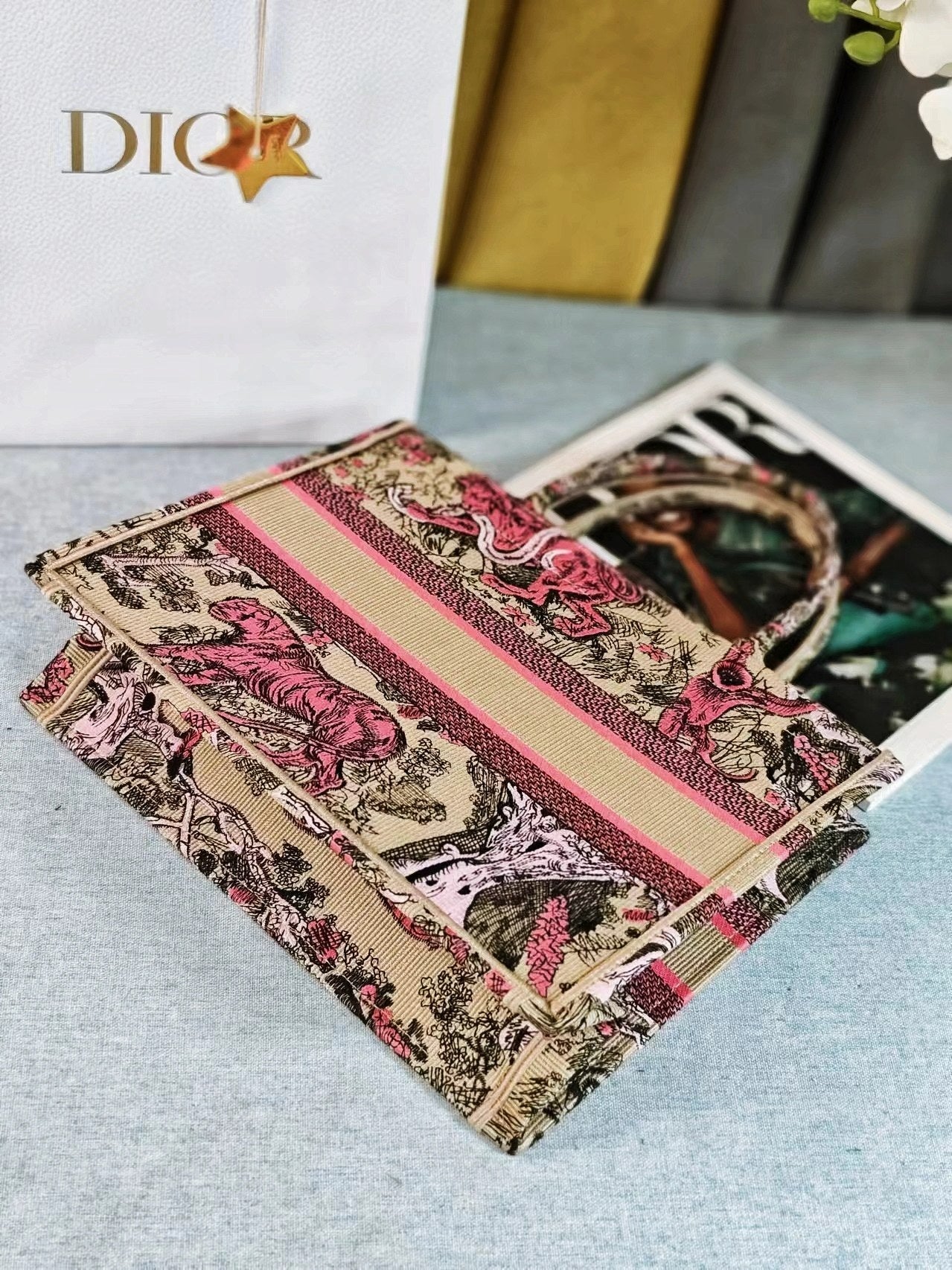 Luxury Diormedium DIORiviera 36 pink beige tiger embroidery canvas