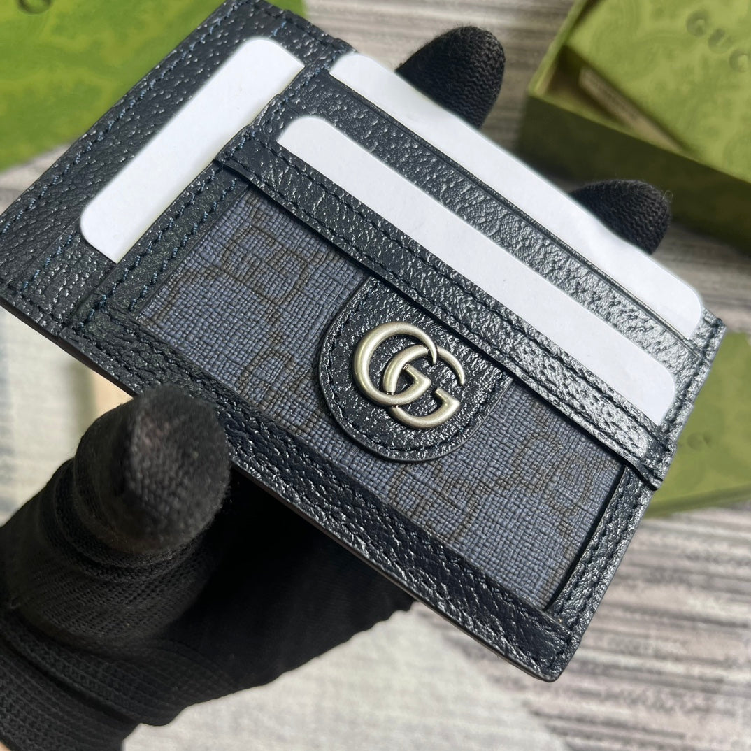 Luxury Gucci OPHIDIA GG 11 CARD CASE DARK BLUE CANVAS AND BLACK CALFSKIN