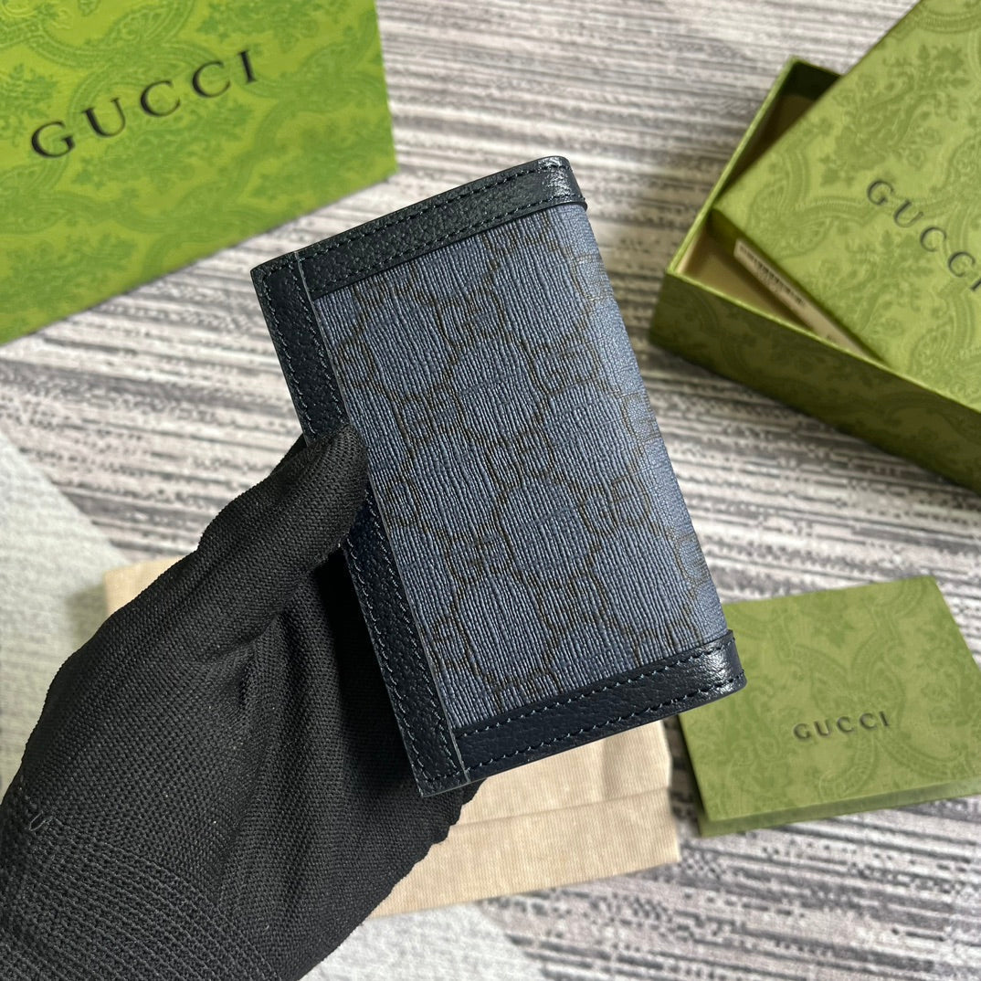 Luxury Gucci OPHIDIA GG 12 CARD CASE DARK BLUE CANVAS AND BLACK CALFSKIN