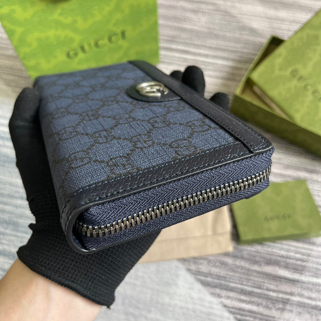 Luxury Gucci OPHIDIA GG 19 ZIP AROUND WALLET DARK BLUE CANVAS AND BLACK CALFSKIN